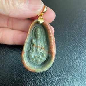 14K Real Gold 3D Carve Guanyin Kwan Yin Female Buddha Natural Red Jade Pendant